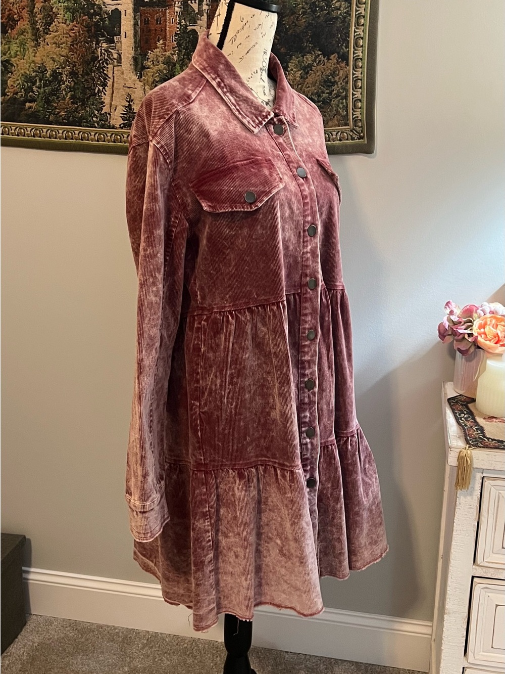 Washed Corduroy Button-Front Tiered Jacket/Dress in Dusty Rose